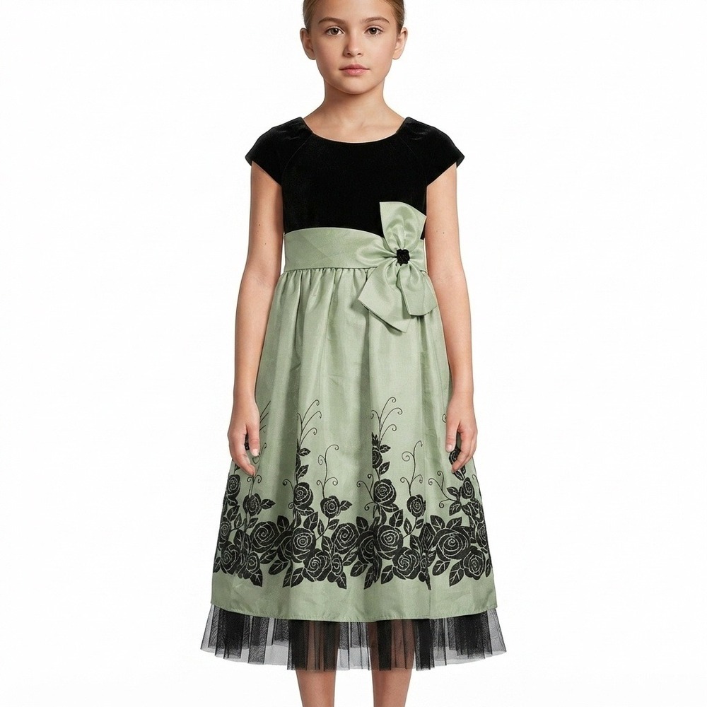 Jona Michelle Dress 6 6X Black Velvet Sage Green Floral Flocking Party Dress